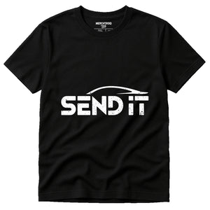 Black Car T Shirt - "Send It" graphic tee with white print, flat lay product photo