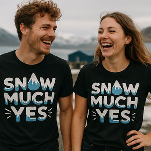 Person wearing the black arctic cool shirts graphic tee - "Snow Much Yes" design