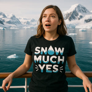 Lifestyle shot of the "Snow Much Yes" black arctic cool shirts in a real-world setting
