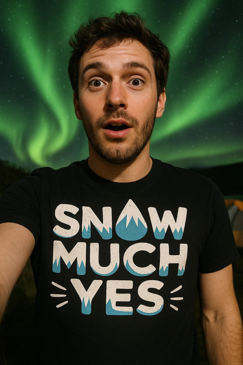 "Snow Much Yes" black arctic cool shirts, photographed as the arctic lover gift