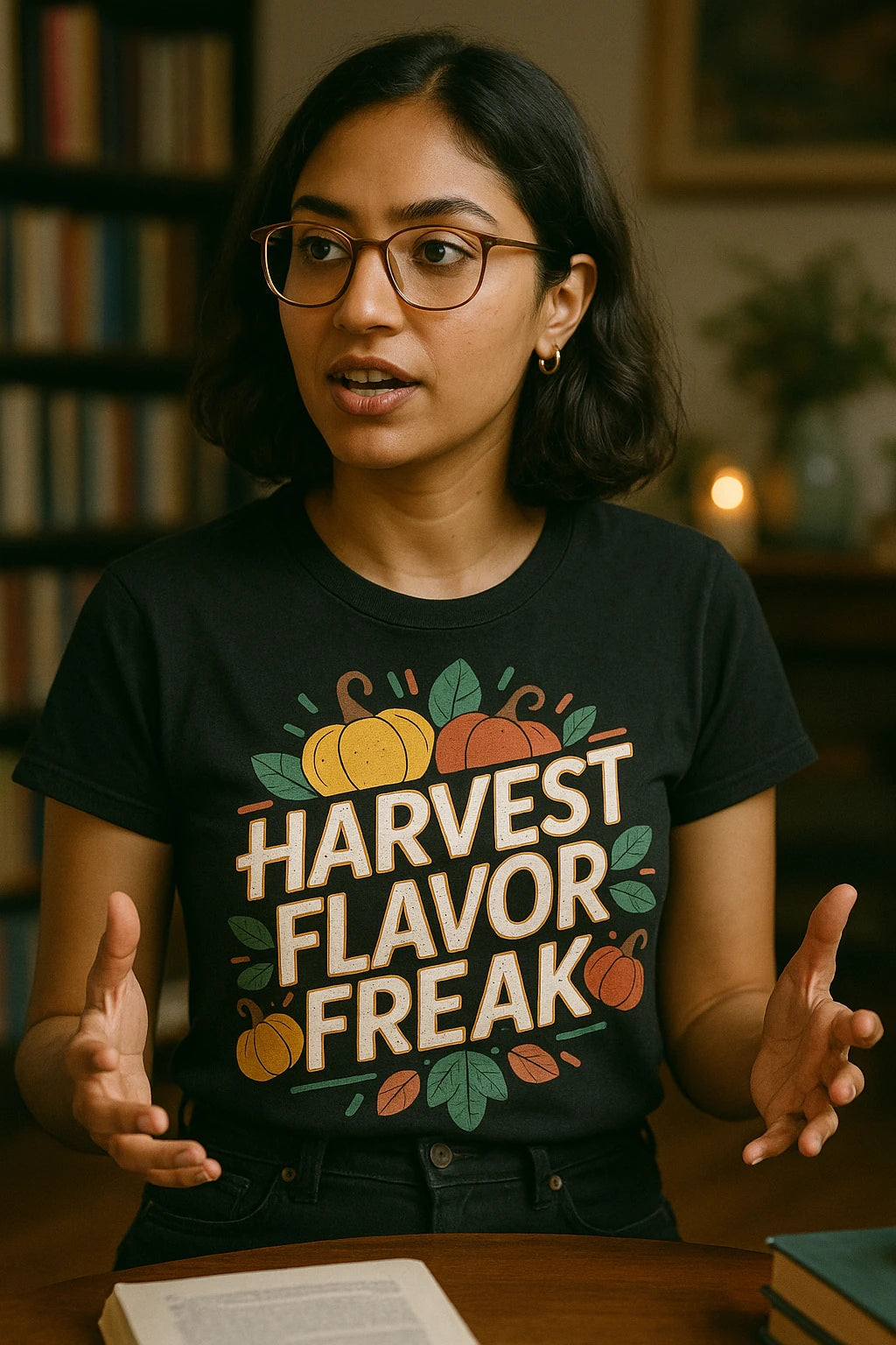 A person with shoulder-length dark hair and wearing glasses is sitting at a table, gesturing with their hands. They have a focused expression and are wearing a black t-shirt with the text "HARVEST FLAVOR FREAK" surrounded by graphic illustrations of pumpkins and leaves. In the background, there are blurred bookshelves and a lit candle.