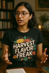 A person with shoulder-length dark hair and wearing glasses is sitting at a table, gesturing with their hands. They have a focused expression and are wearing a black t-shirt with the text 