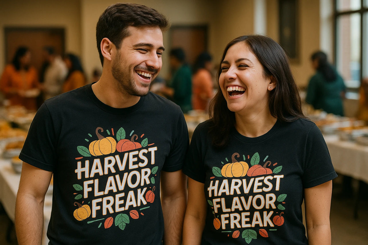 A man and a woman are smiling and laughing together indoors. Both are wearing black T-shirts with colorful designs featuring pumpkins and leaves, and the text “HARVEST FLAVOR FREAK” on them. In the background, there are people and tables set up, suggesting a social event or gathering.