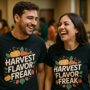 Person wearing the black shirts for thanksgiving graphic tee - "Harvest Flavor Freak" design