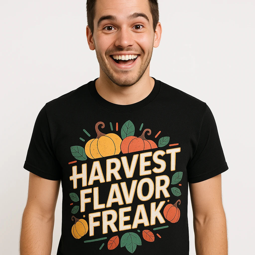 A person with a happy expression is wearing a black t-shirt with a colorful design of pumpkins and leaves, featuring the text "HARVEST FLAVOR FREAK."