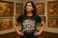 A person with dark hair stands confidently with hands on hips, wearing a black T-shirt that reads 