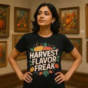 Lifestyle shot of the "Harvest Flavor Freak" black shirts for thanksgiving in a real-world setting