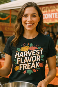 A person with long brown hair, smiling, wearing a black t-shirt with colorful graphics and text. They are holding a mixing bowl, standing outdoors at an event with decorations and people in the background.