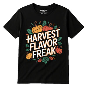 Black Shirts For Thanksgiving - "Harvest Flavor Freak" graphic tee with gold print, flat lay product photo