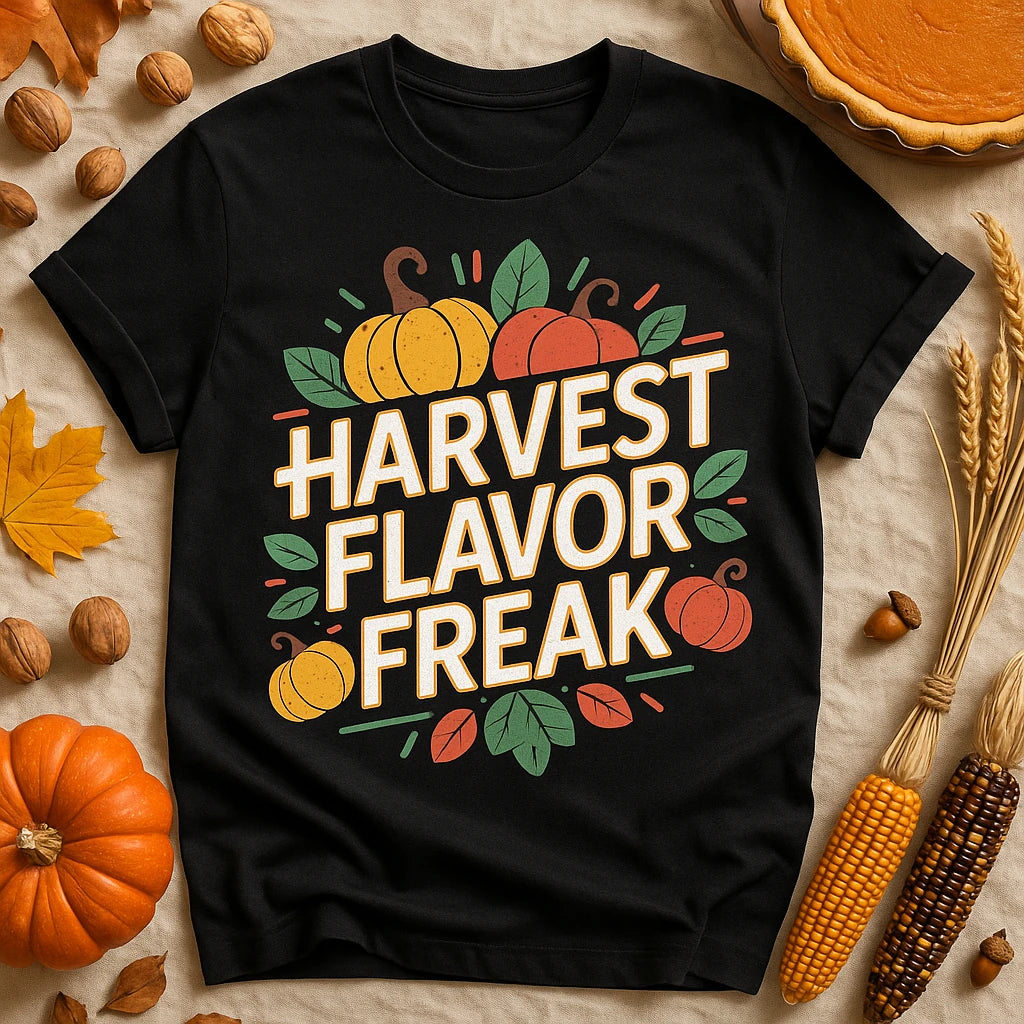 A black T-shirt featuring the text "HARVEST FLAVOR FREAK" in bold, autumn-themed colors. The design includes illustrations of pumpkins, leaves, and decorative elements. The shirt is surrounded by seasonal items like a pumpkin, walnuts, acorns, dried corn, and a pumpkin pie on a fabric background.