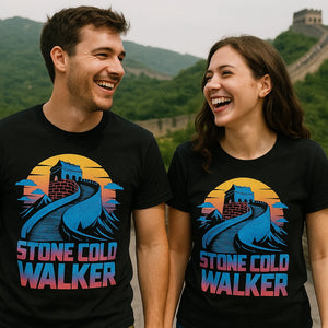 Person wearing the black the great wall of china t shirt graphic tee - "Stone Cold Walker" design