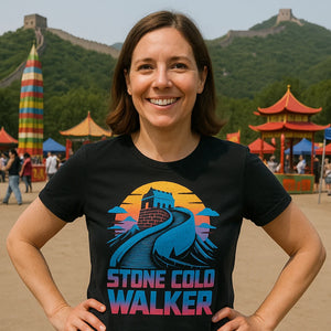 Lifestyle shot of the "Stone Cold Walker" black the great wall of china t shirt in a real-world setting