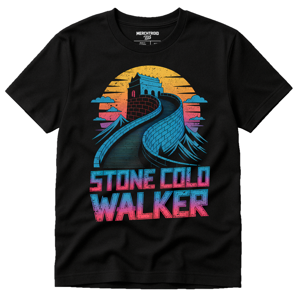 Black The Great Wall Of China T Shirt - "Stone Cold Walker" graphic tee with teal print, flat lay product photo