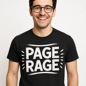 Close-up of the "Page Rage" white print on a premium Bella+Canvas black studying shirts