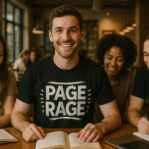 Lifestyle shot of the "Page Rage" black studying shirts in a real-world setting