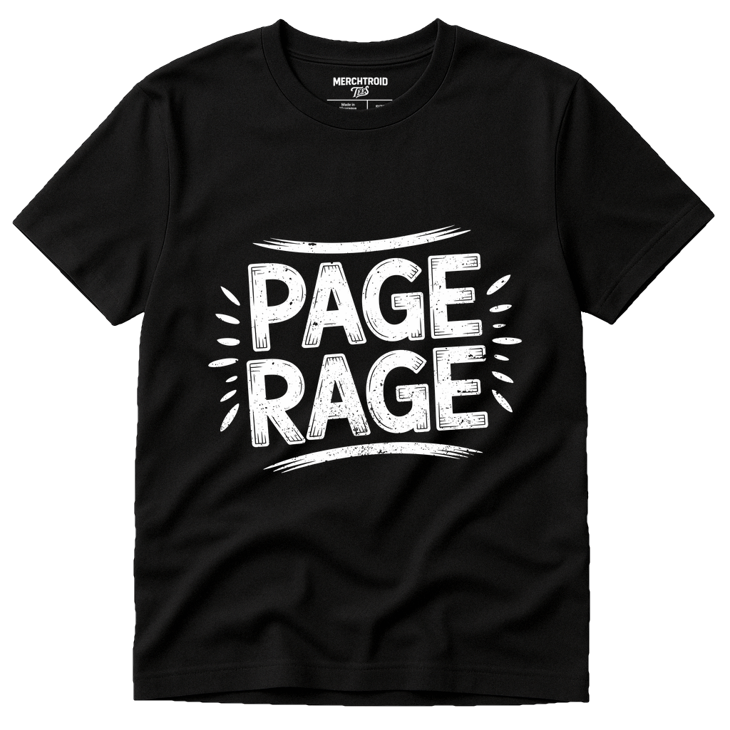 Black Studying Shirts - "Page Rage" graphic tee with white print, flat lay product photo