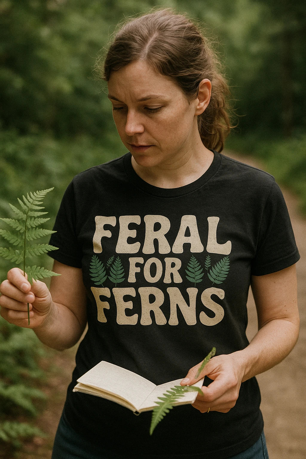 "Feral for Ferns" black nature walk t shirt - a birthday gift for nature walk lover
