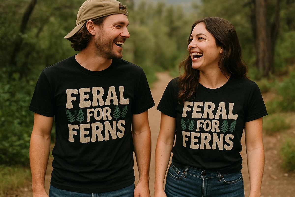 Person wearing the black nature walk t shirt graphic tee - "Feral for Ferns" design