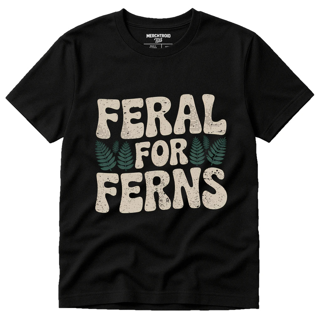Black Nature Walk T Shirt - "Feral for Ferns" graphic tee with light gray print, flat lay product photo