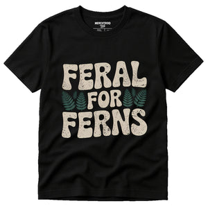 Black Nature Walk T Shirt - "Feral for Ferns" graphic tee with light gray print, flat lay product photo