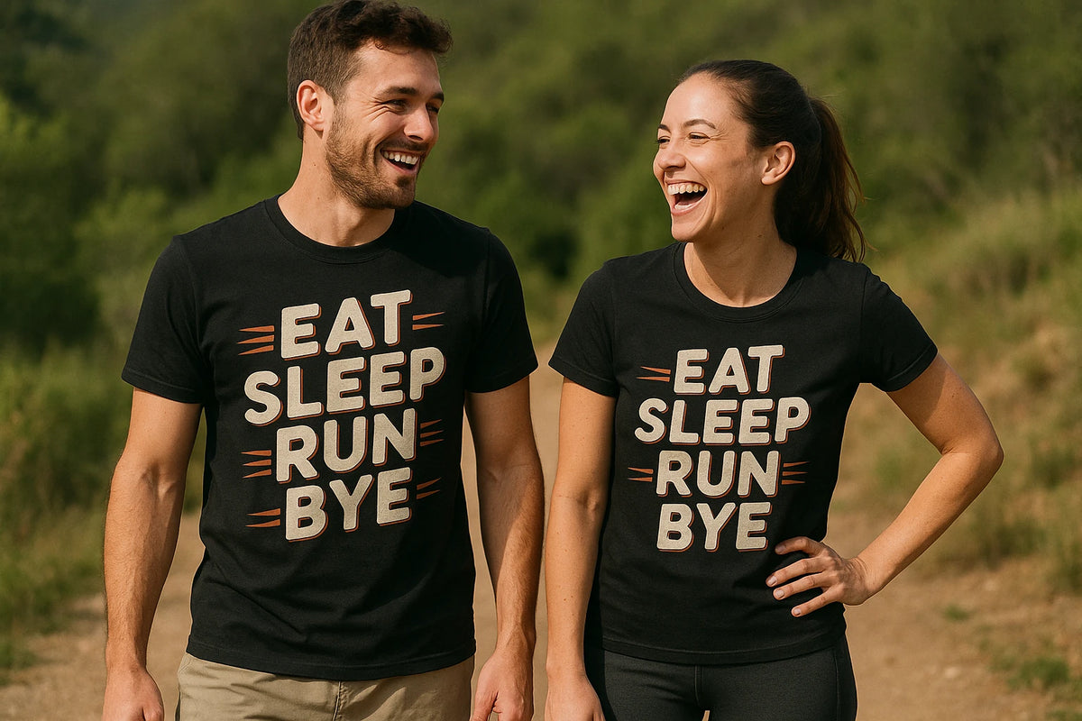 Person wearing the black running shirts graphic tee - "Eat Sleep Run Bye" design