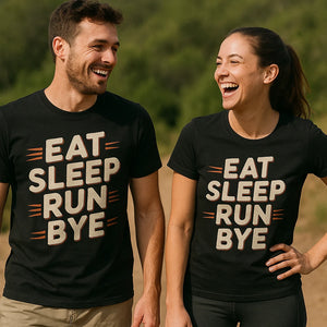 Person wearing the black running shirts graphic tee - "Eat Sleep Run Bye" design