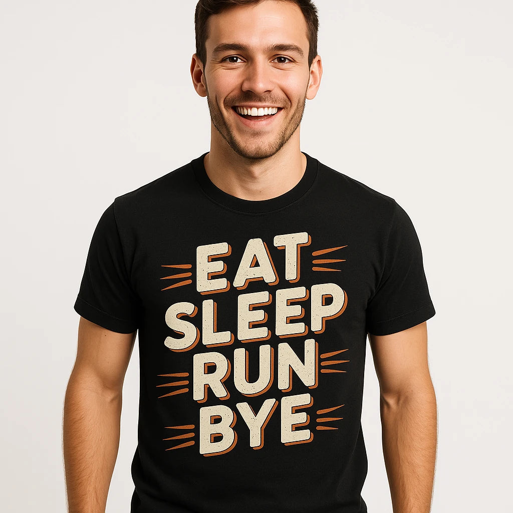 Close-up of the "Eat Sleep Run Bye" beige print on a premium Bella+Canvas black running shirts