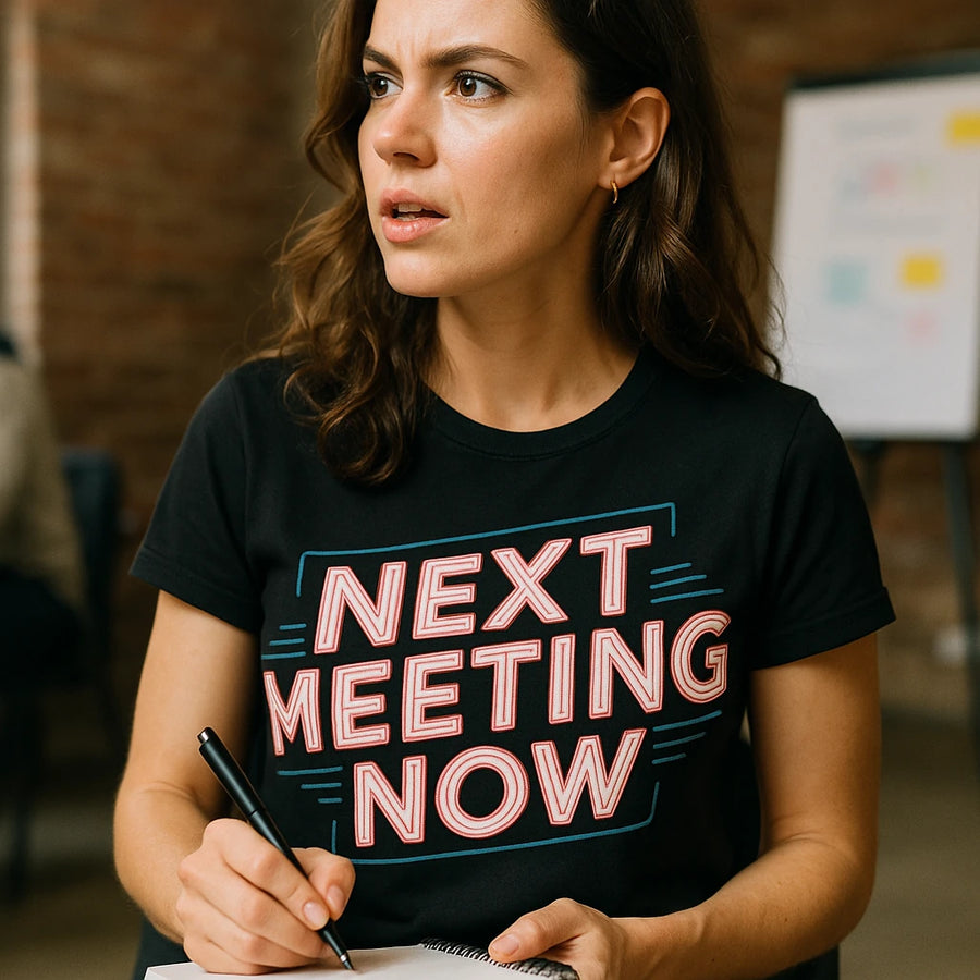 A person with long brown hair wearing a black t-shirt with the text "NEXT MEETING NOW" on it. They are sitting indoors with a notebook and pen, appearing to be in a meeting or discussion. There's a soft focus background with a flip chart.