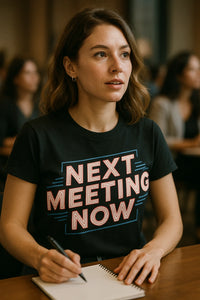A person with brown shoulder-length hair is wearing a black T-shirt with the text 