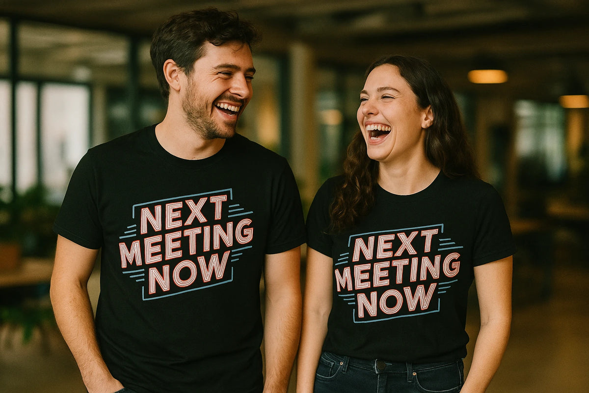 Person wearing the black entrepreneurs t shirt graphic tee - "Next Meeting Now" design
