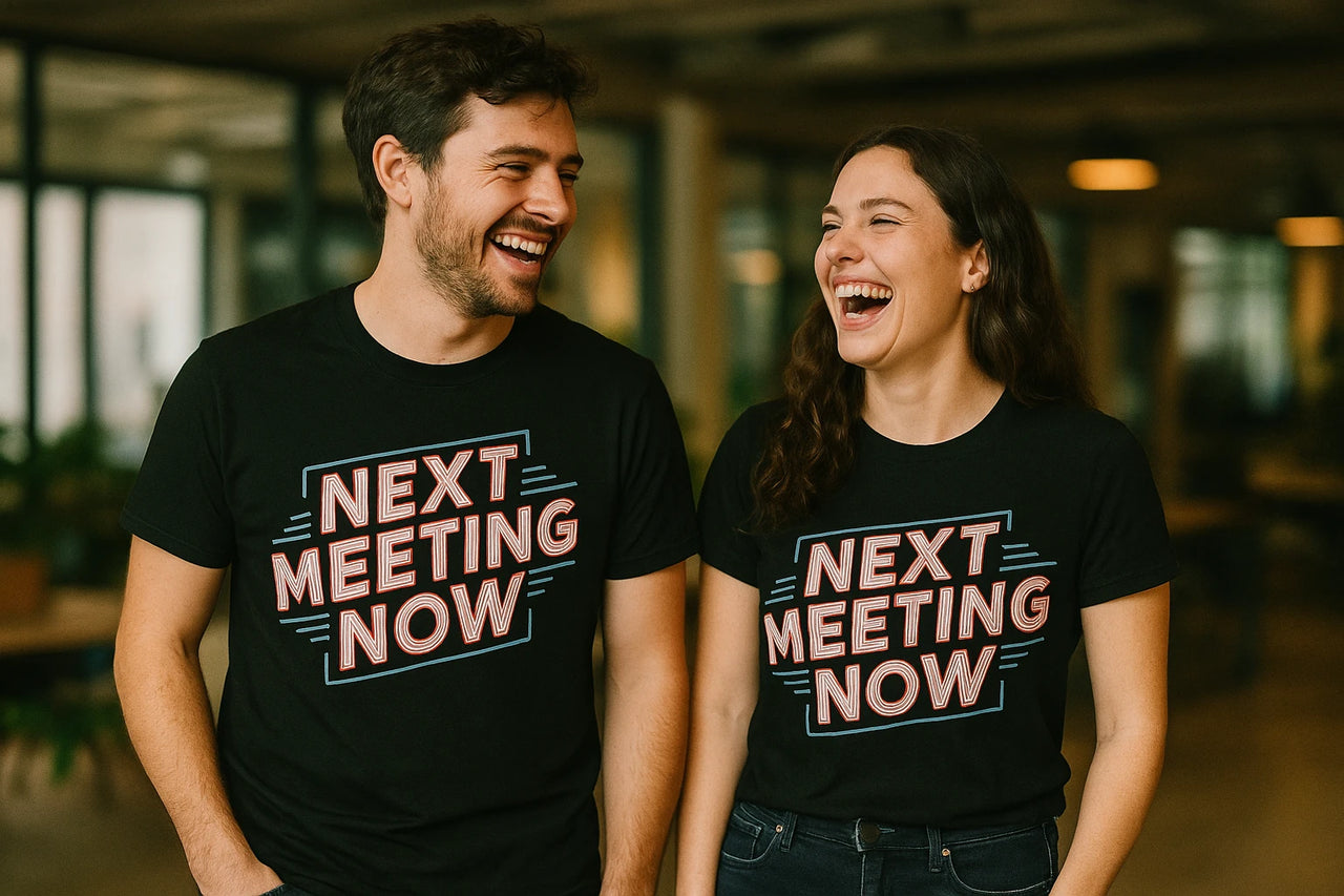 Two people are standing side by side, smiling and laughing. Both are wearing matching black T-shirts with the text "NEXT MEETING NOW" in bold, colorful letters. They appear to be in a casual indoor setting, possibly an office or coworking space.