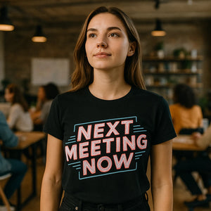 Lifestyle shot of the "Next Meeting Now" black entrepreneurs t shirt in a real-world setting