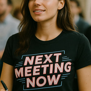 "Next Meeting Now" black entrepreneurs t shirt, photographed as entrepreneurs lover gift
