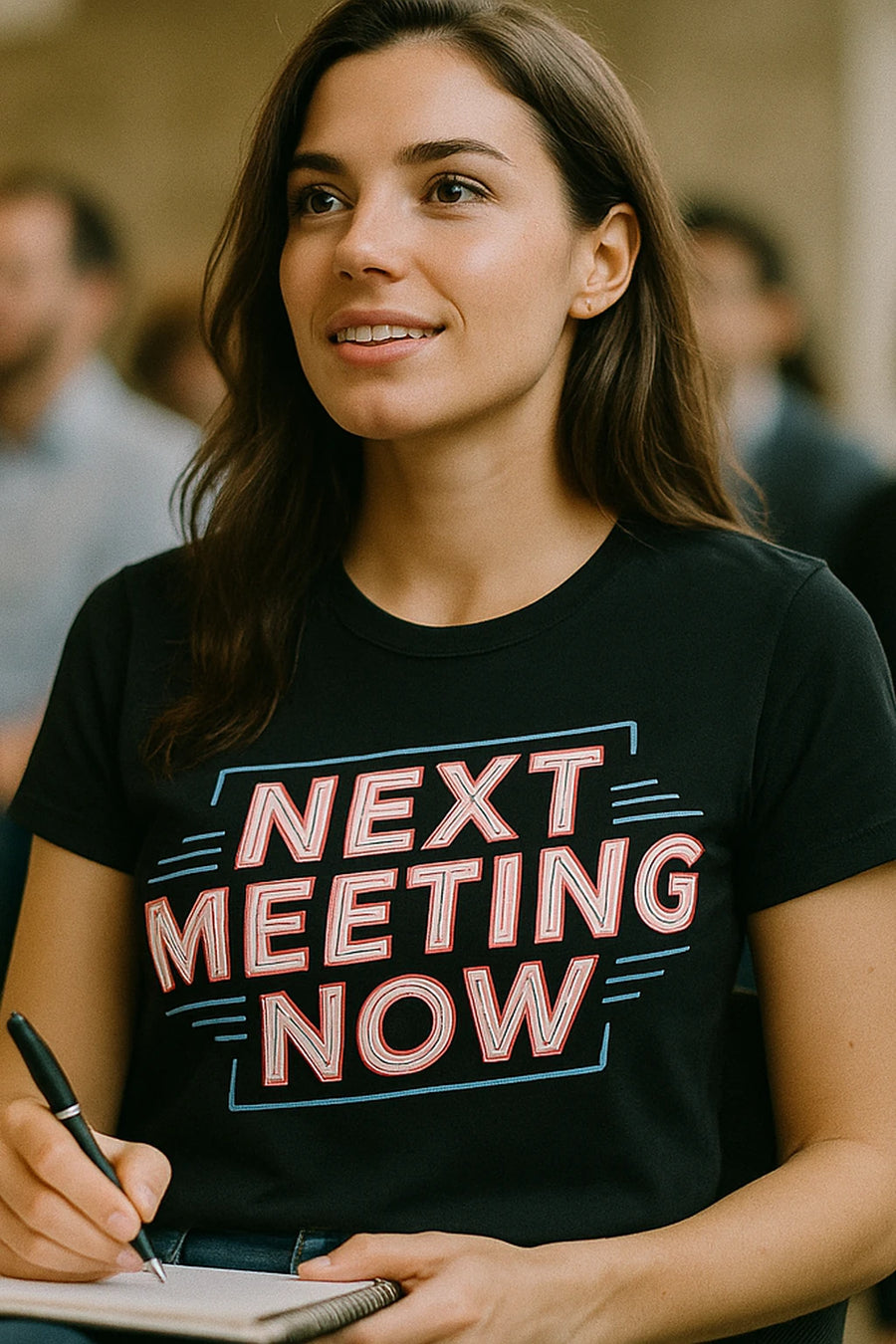 A person with long brown hair is wearing a black T-shirt with the text "NEXT MEETING NOW" printed on it. They are holding a pen and writing in a notebook, with a focused expression.