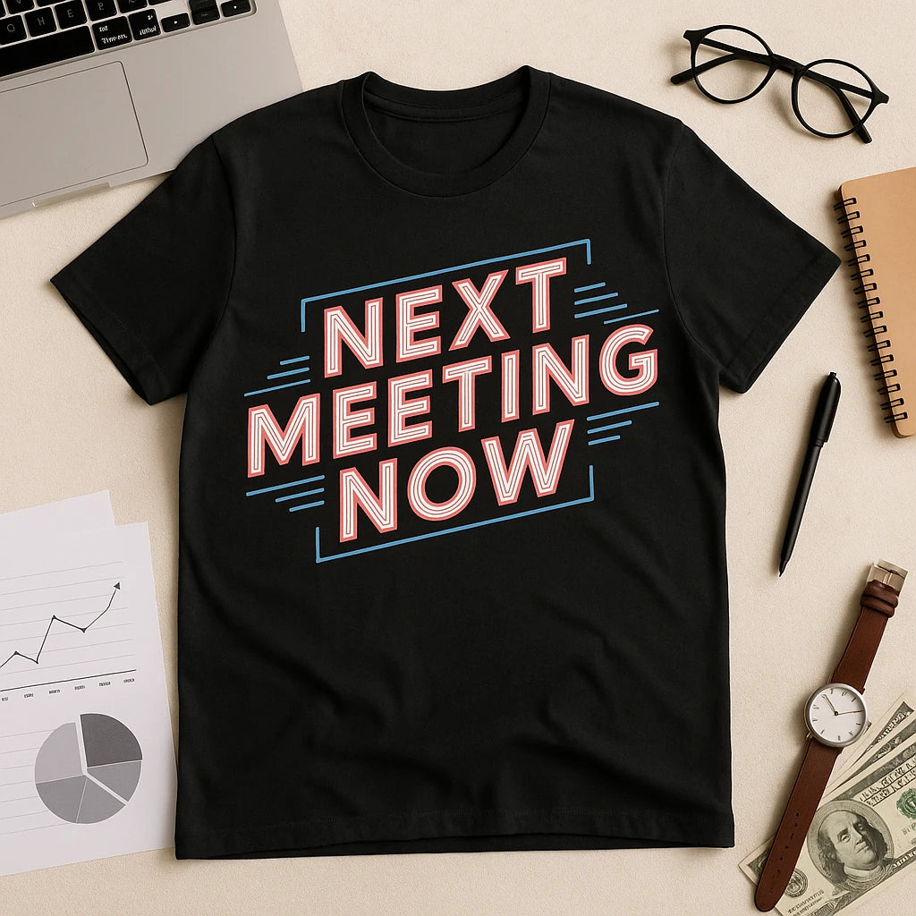 A black t-shirt with the text "NEXT MEETING NOW" in bold red and white lettering, surrounded by decorative lines. The shirt is laid flat on a surface next to a laptop, glasses, a notebook, a pen, printed graphs, a watch, and some dollar bills.