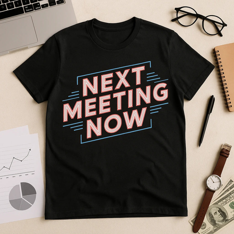 A black t-shirt with the text "NEXT MEETING NOW" in bold red and white lettering, surrounded by decorative lines. The shirt is laid flat on a surface next to a laptop, glasses, a notebook, a pen, printed graphs, a watch, and some dollar bills.