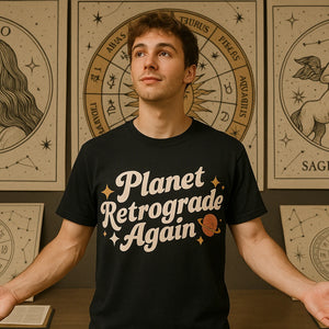 Lifestyle shot of the "Planet Retrograde Again" black astrology shirts in a real-world setting
