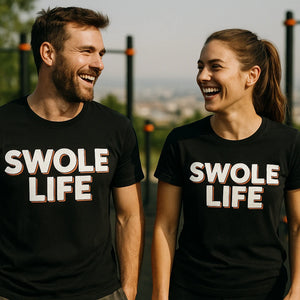 Person wearing the black exercising shirts graphic tee - "Swole Life" design
