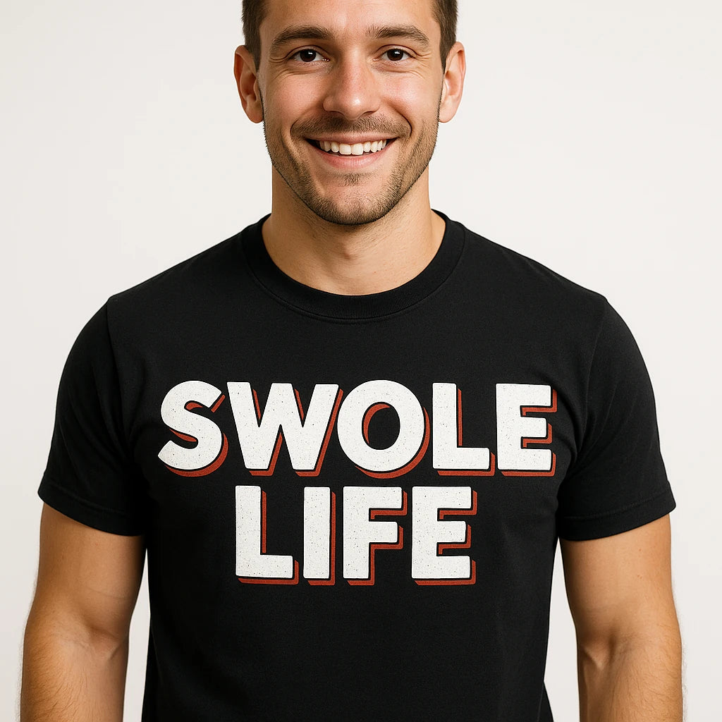 Close-up of the "Swole Life" white print on a premium Bella+Canvas black exercising shirts