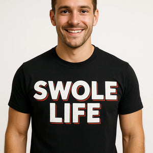 Close-up of the "Swole Life" white print on a premium Bella+Canvas black exercising shirts