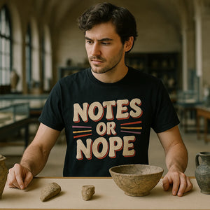 Lifestyle shot of the "Notes Or Nope" black studying t shirt in a real-world setting