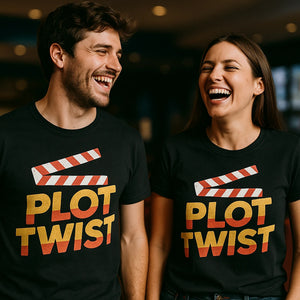 Person wearing the black graphic tee graphic tee - "Plot Twist" design