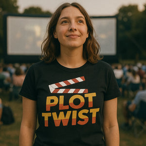 Lifestyle shot of the "Plot Twist" black graphic tee in a real-world setting