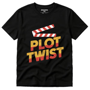 Black Graphic Tee - "Plot Twist" graphic tee with orange print, flat lay product photo