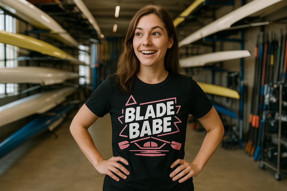 Lifestyle shot of the "Blade Babe" black rowing t shirt in a real-world setting