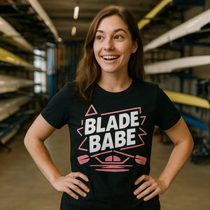 Lifestyle shot of the "Blade Babe" black rowing t shirt in a real-world setting