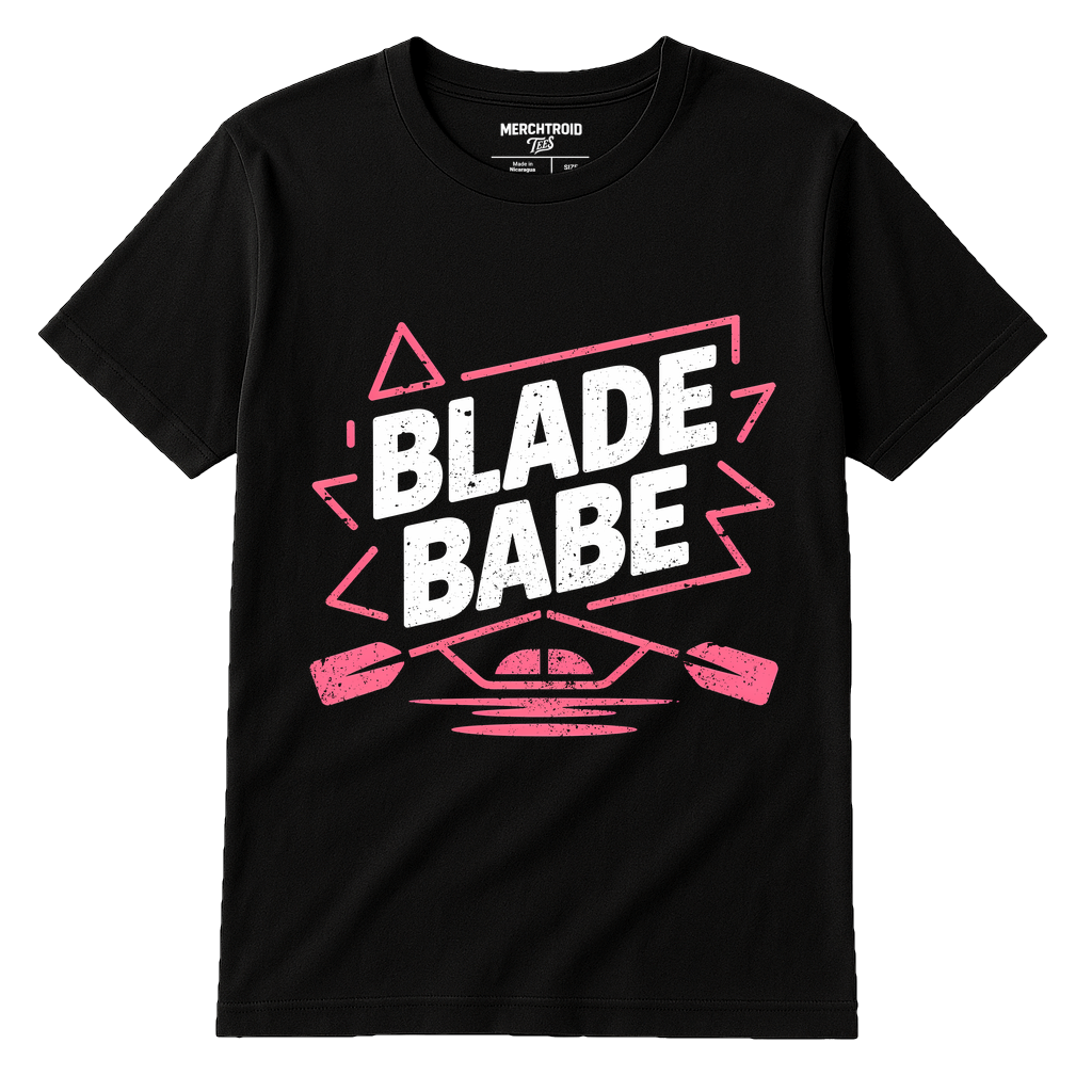 Black Rowing T Shirt - "Blade Babe" graphic tee with white print, flat lay product photo