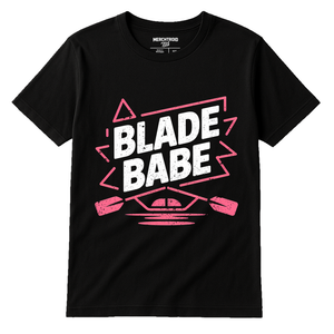 Black Rowing T Shirt - "Blade Babe" graphic tee with white print, flat lay product photo