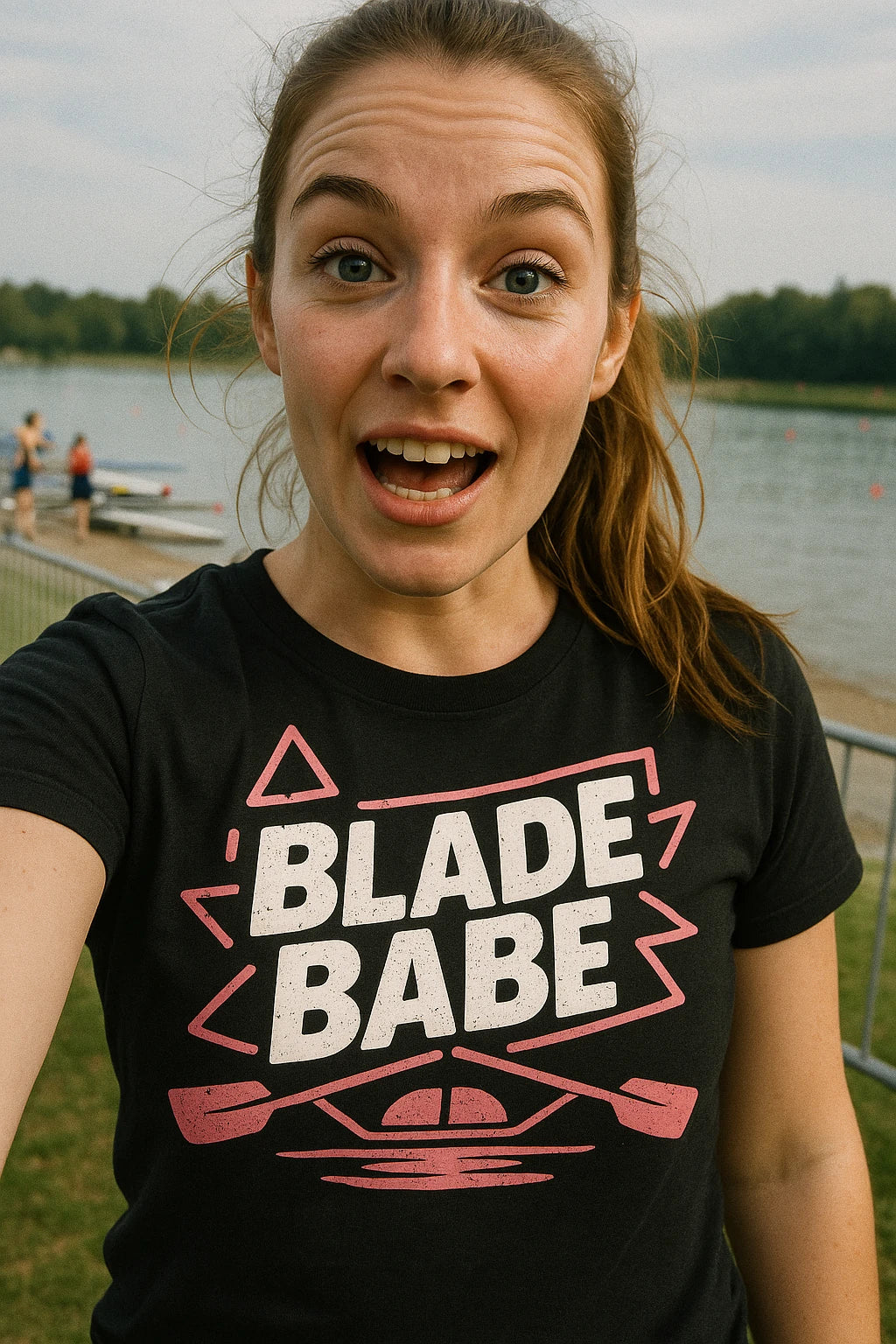 "Blade Babe" black rowing t shirt, photographed as rowing lover gift
