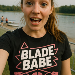 "Blade Babe" black rowing t shirt, photographed as rowing lover gift